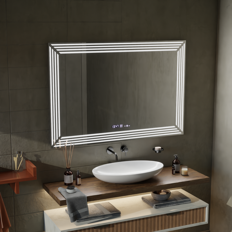 Oglinda LED Rectangulara, 110x65cm, Venezia Senzor MotionGlow Marcello, Sistem Dezaburire, Ceas & Termometru, Dimabila