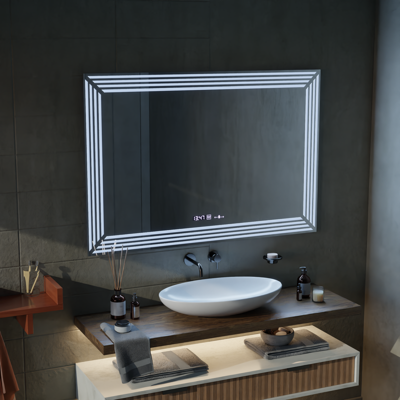 Oglinda LED Rectangulara, 80x60cm, Venezia Senzor MotionGlow Marcello, Sistem Dezaburire, Ceas & Termometru, Dimabila
