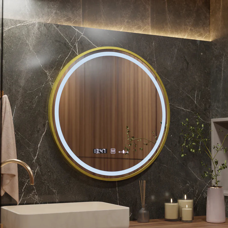 Oglinda LED Rotunda, 60cm, Celeste Royale Gold Eleve MotionGlow Marcello, Sistem Dezaburire, Ceas & Termometru, Dimabila, Curea Detasabila