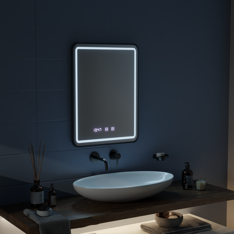 Oglinda LED Touch Gerhard Sistem Dezaburire, Ceas si Temperatura 60x80 cm Rama Negru Brushed
