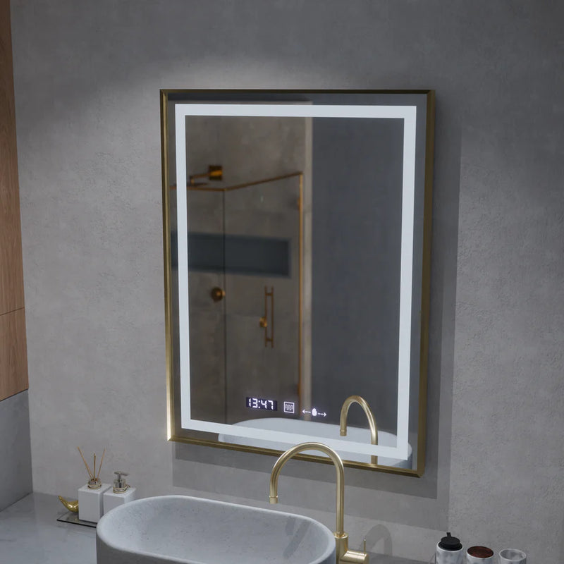 Oglinda LED Rectangulara, 60x80cm, Verite Royale Gold MotionGlow Marcello, Sistem Dezaburire, Ceas & Termometru, Dimabila