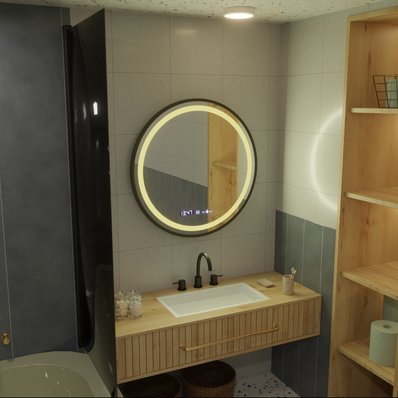 Oglinda LED Rotunda, 60cm, Celeste Majesté Noir MotionGlow Marcello, Sistem Dezaburire, Ceas & Termometru, Dimabila