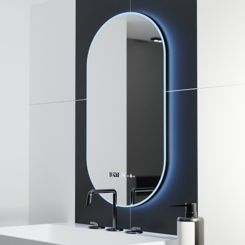 Oglinda LED Ovala, 50x80cm, Lucia Senzor Marcello, Sistem Dezaburire, Ceas & Termometru, Dimabila