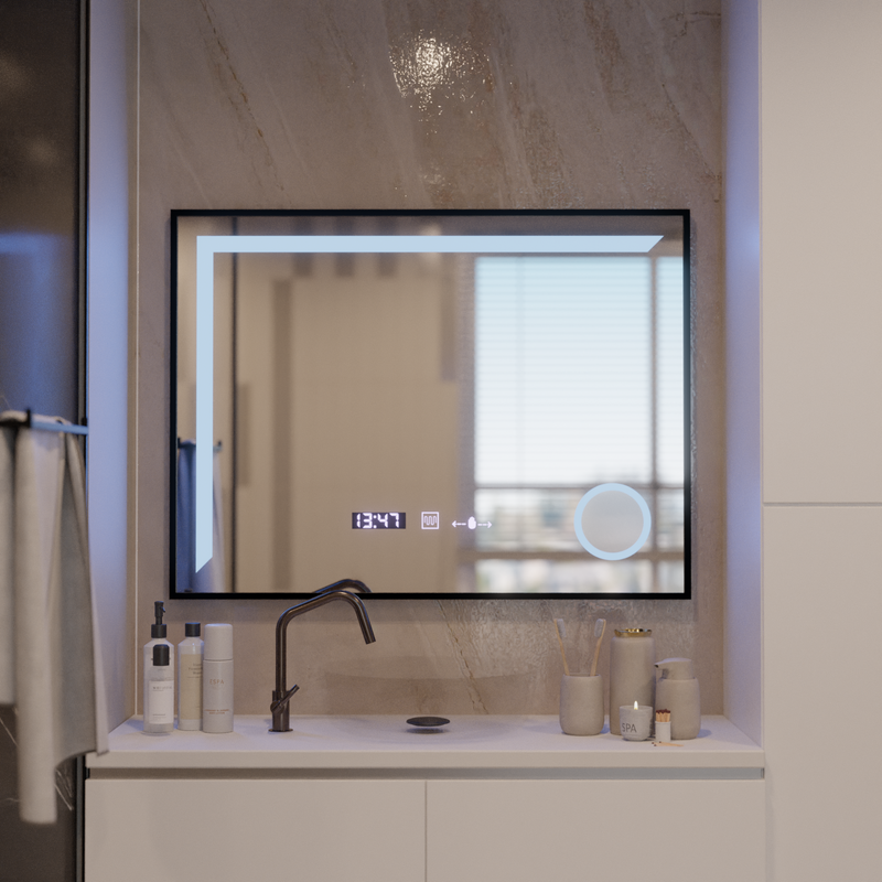 Oglinda LED Senzor MotionGlow Francesca 80x60 cm Lumina Calda/Rece/Neutra Dimabila Rama Negru Brushed Sistem Dezaburire Termometru Ceas Colectia Marcello Funghi