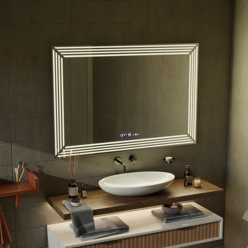 Oglinda LED Rectangulara, 80x60cm, Venezia Senzor MotionGlow Marcello, Sistem Dezaburire, Ceas & Termometru, Dimabila