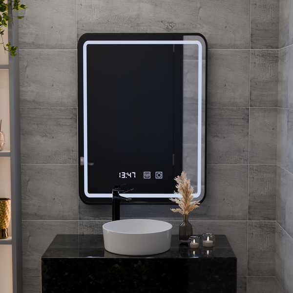 Oglinda LED Touch Karl Sistem Dezaburire, Ceas si Temperatura 50x70 cm Rama Negru Brushed
