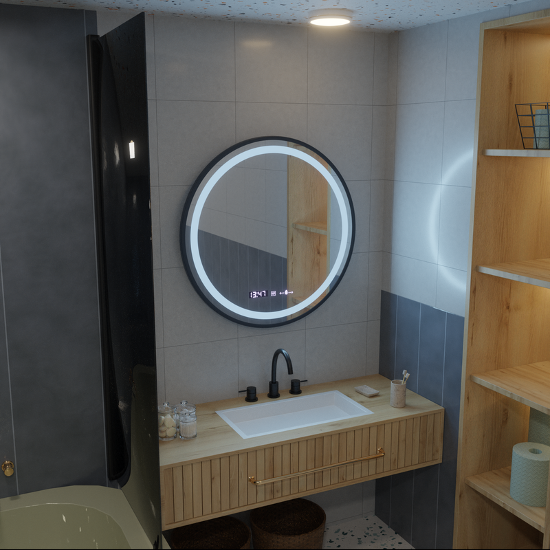 Oglinda LED Rotunda, 80cm, Celeste Majesté Noir MotionGlow Marcello, Sistem Dezaburire, Ceas & Termometru, Dimabila