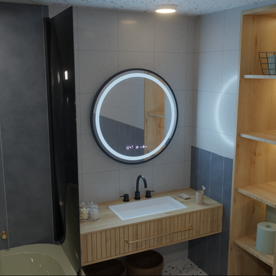 Oglinda LED Rotunda, 60cm, Celeste Majesté Noir MotionGlow Marcello, Sistem Dezaburire, Ceas & Termometru, Dimabila
