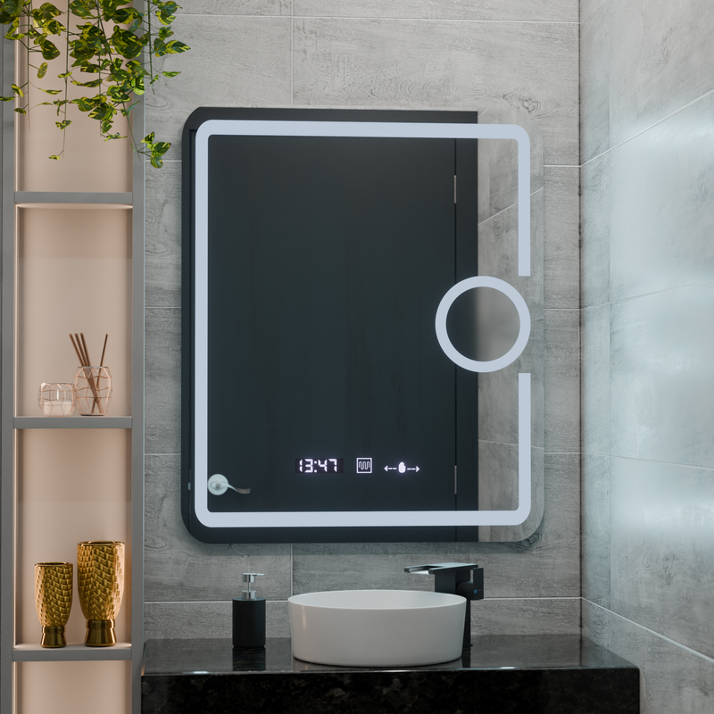 Oglinda LED Rectangulara, 75x90cm, Eclat MotionGlow Marcello, Sistem Dezaburire, Ceas & Termometru, Lupa Cosmetica, Dimabila