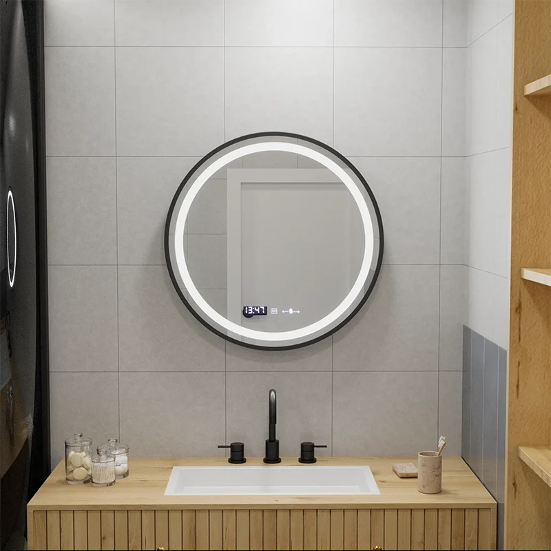 Oglinda LED Rotunda, 60cm, Celeste Majesté Noir MotionGlow Marcello, Sistem Dezaburire, Ceas & Termometru, Dimabila