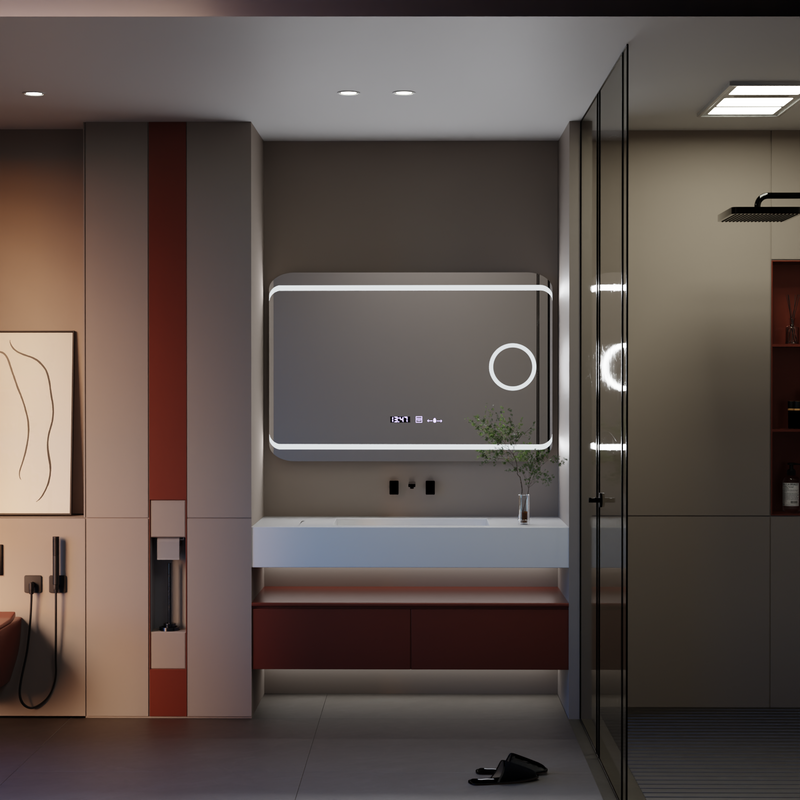 Oglinda LED Rectangulara, 120x80cm, Definition MotionGlow Marcello, Sistem Dezaburire, Ceas & Termometru, Lupa Cosmetica, Dimabila