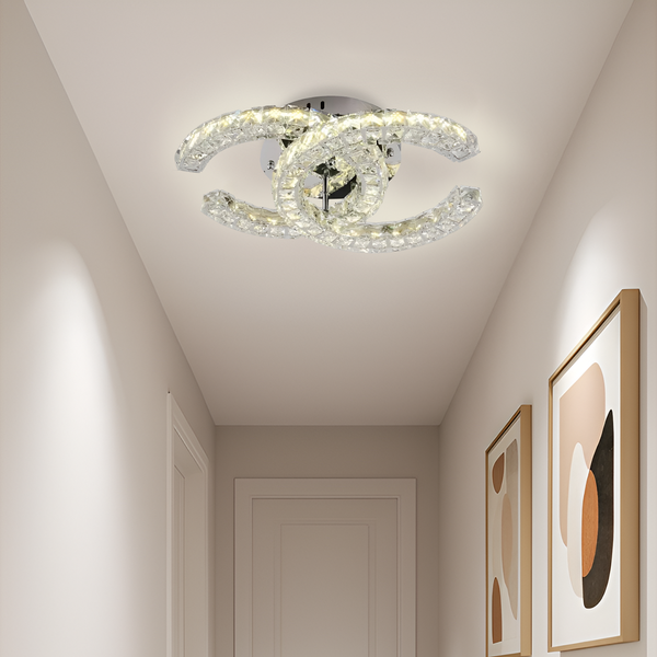 Lustra LED cu telecomanda si cristal SHIA 27W, 2 Cercuri, lumina Rece/Calda/Neutra, Dimabila, Crom Lucios