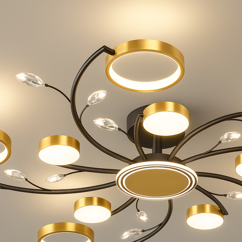 Lustra LED cu Telecomnda KARINA, 68W, 10 Elemente, Lumina Calda/Rece/Neutra, Dimabila, Auriu