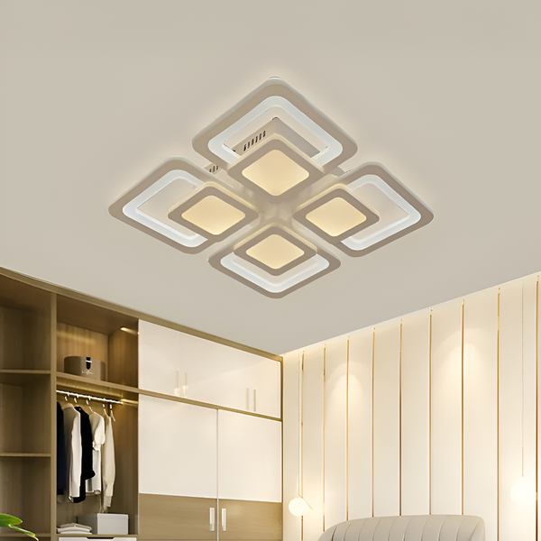 Lustra LED cu telecomanda SUSAN 77W, 4 Patrate, lumina Rece/Calda/Neutra, Dimabila, Alb