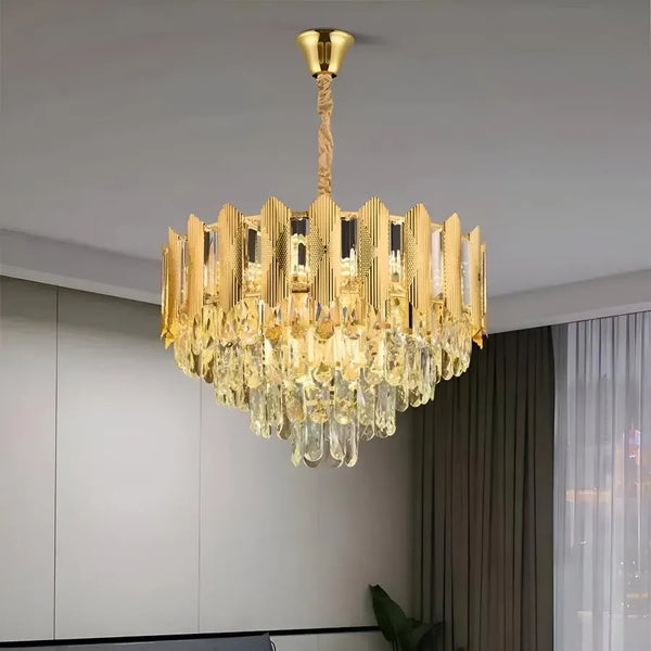 Candelabru Cristal BUCKINGHAM Eleganza 7x E14, Diametru 49cm, Auriu Lucios, Inaltime Reglabila