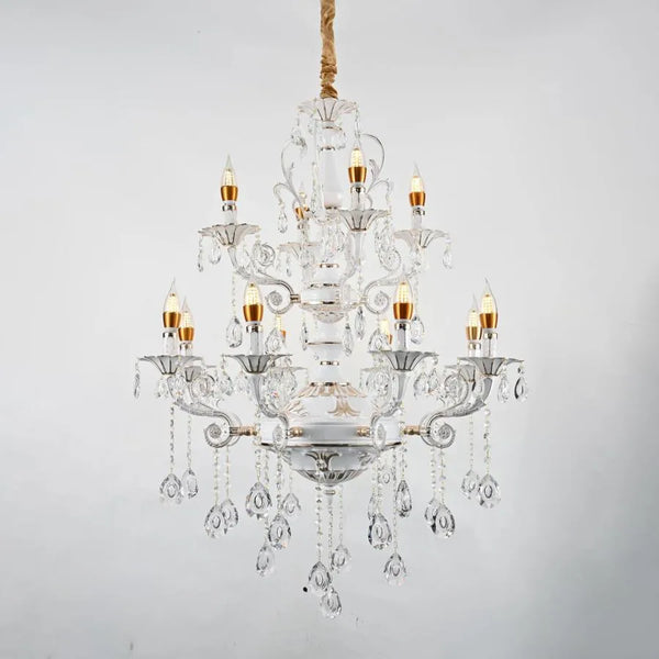 Candelabru Cristal Bruhier 12x E14, Diametru 75cm, Alb cu Auriu, Inaltime Reglabila