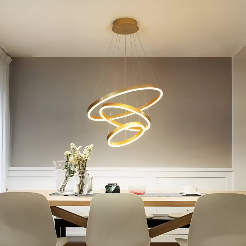 Lustra LED suspendata cu telecomanda ELIZABETH, 84W, 3 Cercuri, lumina Rece/Calda/Neutra, Dimabila, Auriu Lucios, Inaltime Reglabila