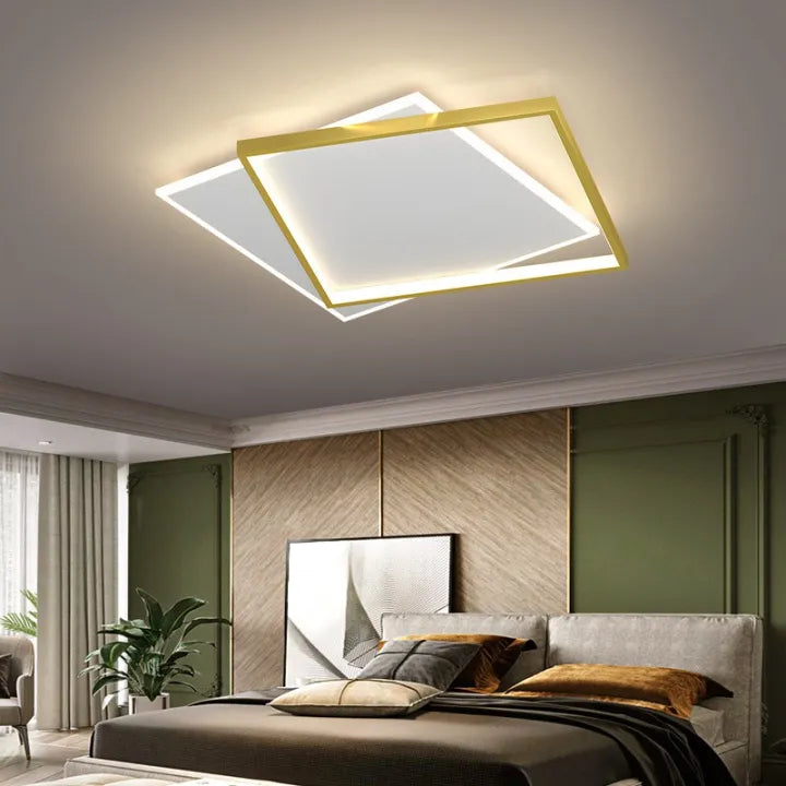 Lustra LED cu telecomanda SOLARA 98W, 2 Patrate, lumina Rece/Calda/Neutra, Dimabila, Auriu Alb