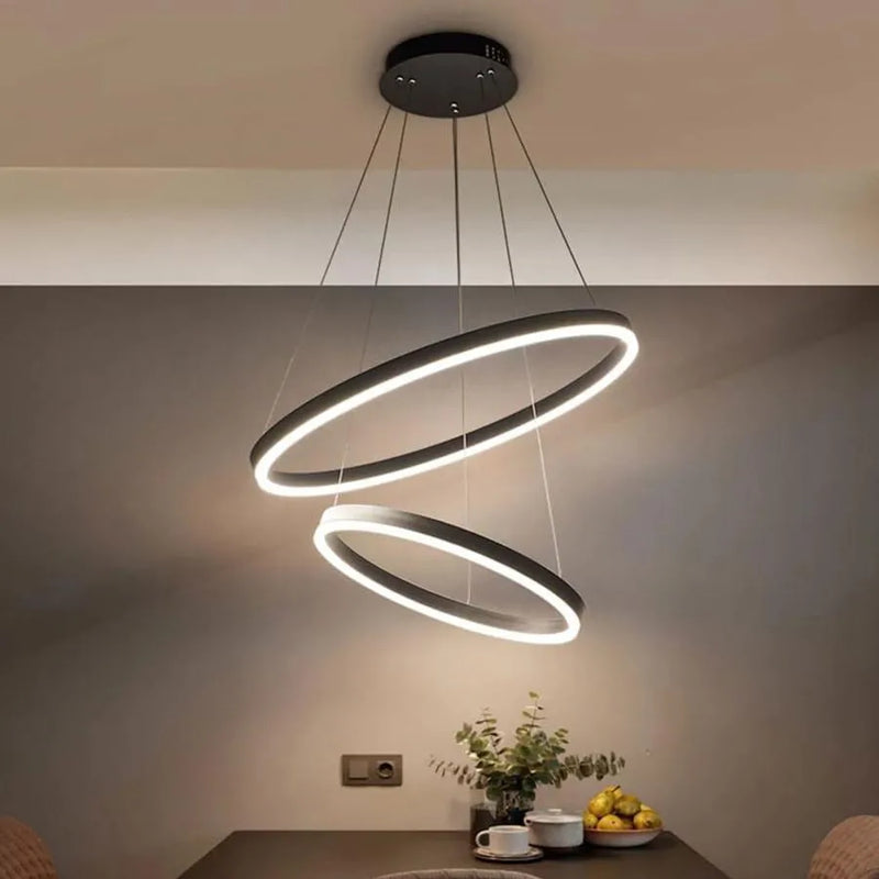 Lustra LED suspendata cu telecomanda CASIANA 69W, 2 Cercuri, lumina Rece/Calda/Neutra, Dimabila, Negru, Inaltime Reglabila