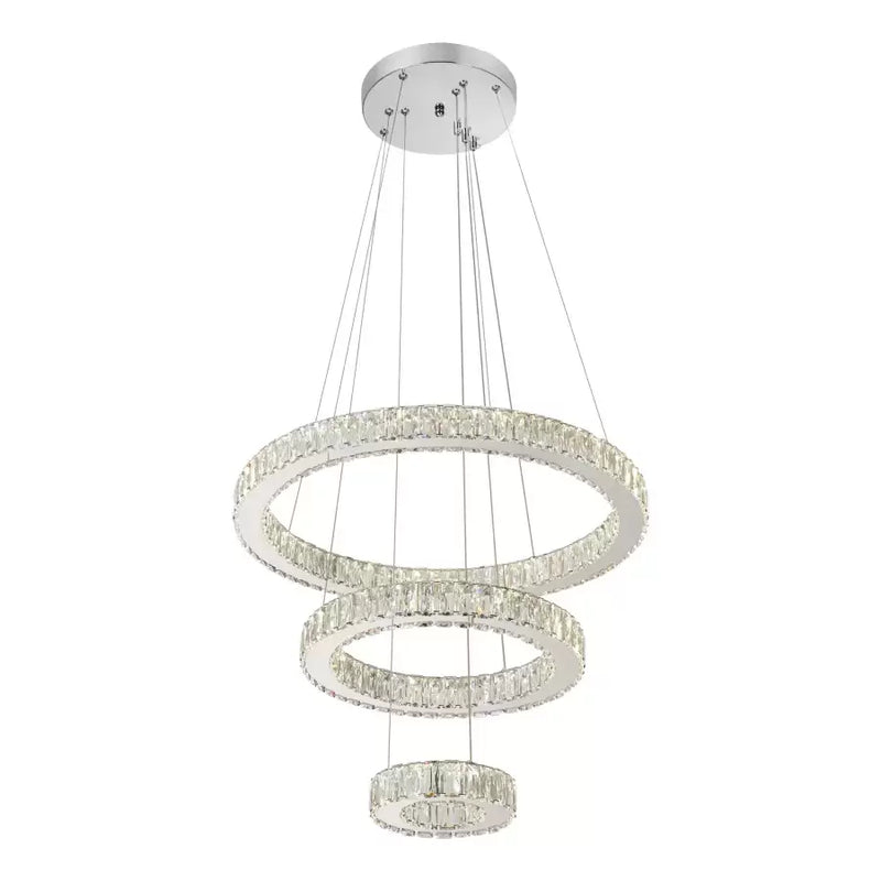 Lustra LED suspendata cu telecomanda si cristal CANAAN 120W, 3 Cercuri, lumina Rece/Calda/Neutra, Dimabila, Crom Lucios, Inaltime Reglabila