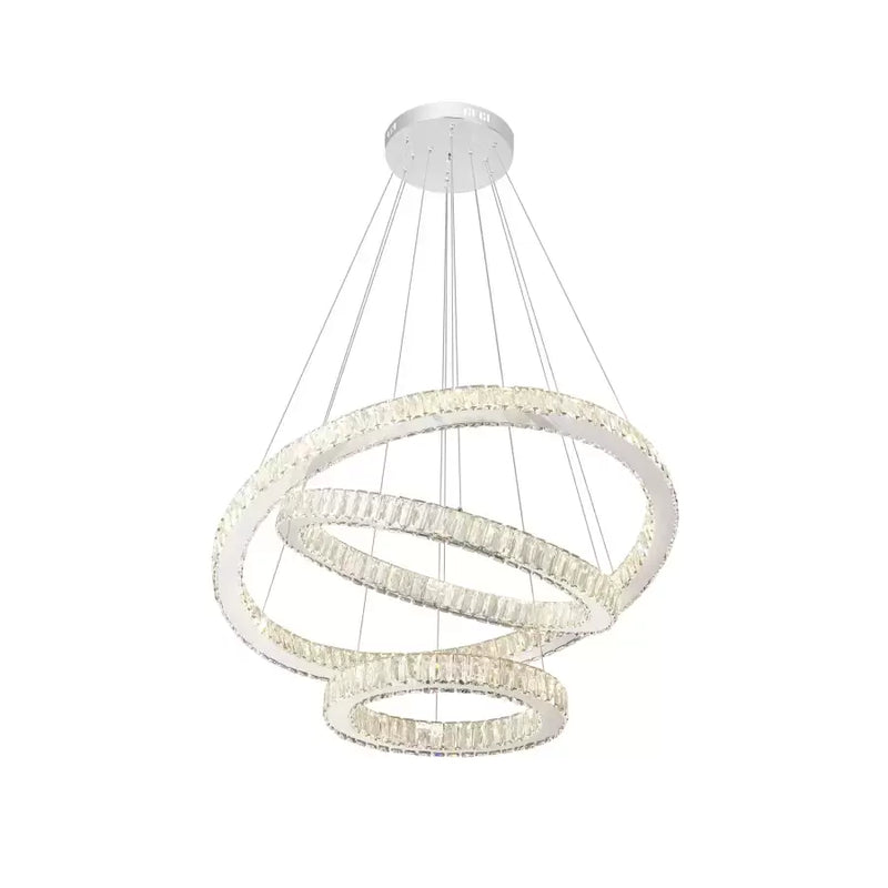 Lustra LED suspendata cu telecomanda si cristal CAYDEN 200W, 3 Cercuri, lumina Rece/Calda/Neutra, Dimabila, Crom Lucios, Inaltime Reglabila