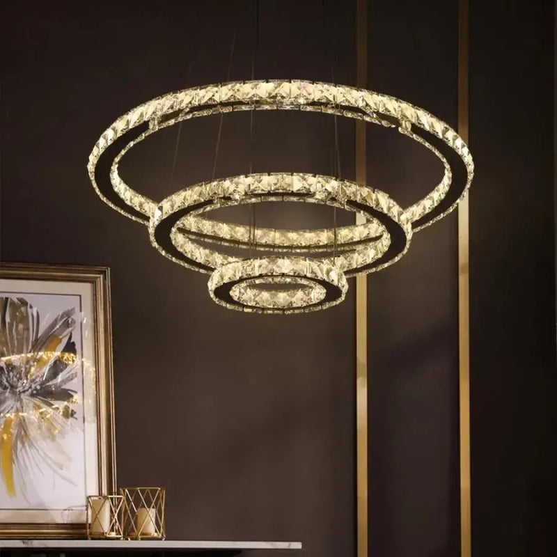 Lustra LED suspendata cu telecomanda si cristal PRISM LUMINIS 78W, 3 Cercuri, lumina Rece/Calda/Neutra, Dimabila, Argintiu, Inaltime Reglabila