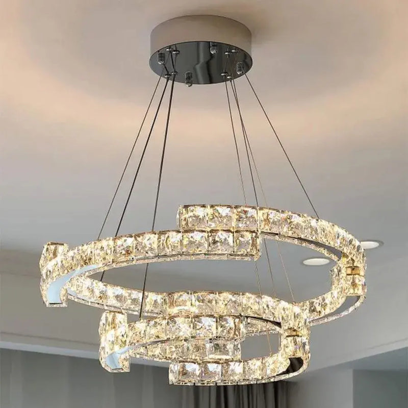 Lustra LED suspendata cu telecomanda si cristal MIA LATIFAH 70W, 2 Cercuri, lumina Rece/Calda/Neutra, Dimabila, Crom Lucios, Inaltime Reglabila