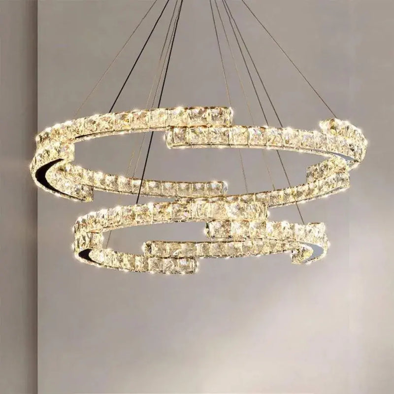 Lustra LED suspendata cu telecomanda si cristal MIA LATIFAH 70W, 2 Cercuri, lumina Rece/Calda/Neutra, Dimabila, Crom Lucios, Inaltime Reglabila