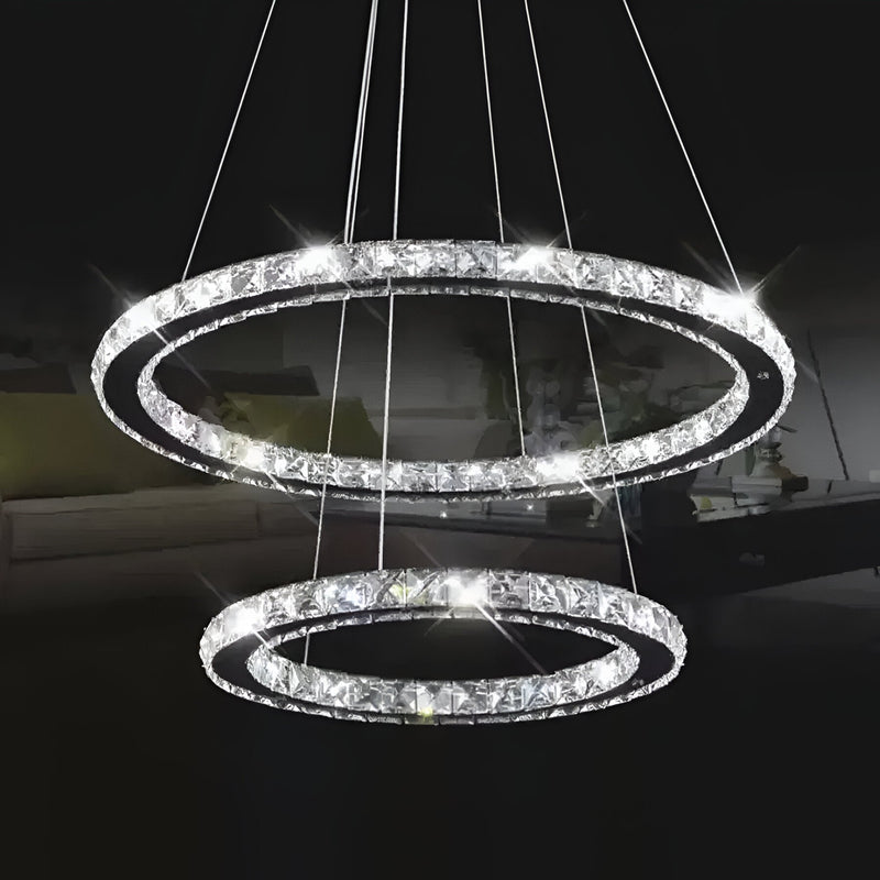 Lustra LED cu telecomanda si cristal PRISM LUMINIS 58W, 2 Cercuri, lumina Rece/Calda/Neutra, Dimabila, Argintiu, Inaltime Reglabila
