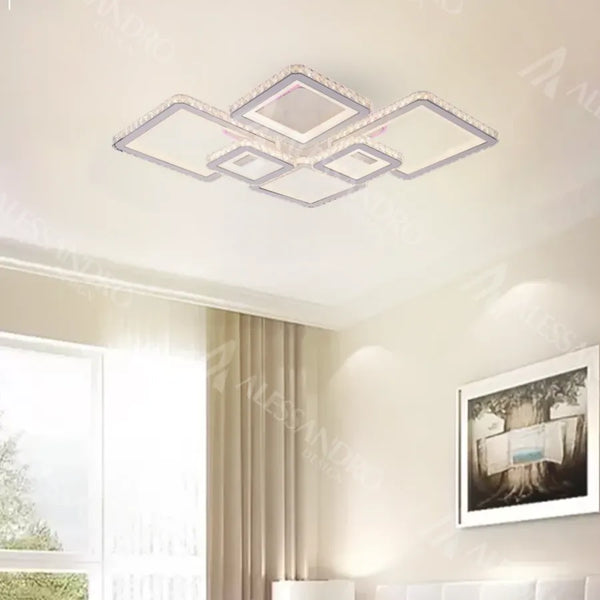 Lustra LED cu telecomanda si cristal QUADRIS RGB 170W, 6 Patrate, Lumina Rece/Calda/Neutra, Dimabila, Alb