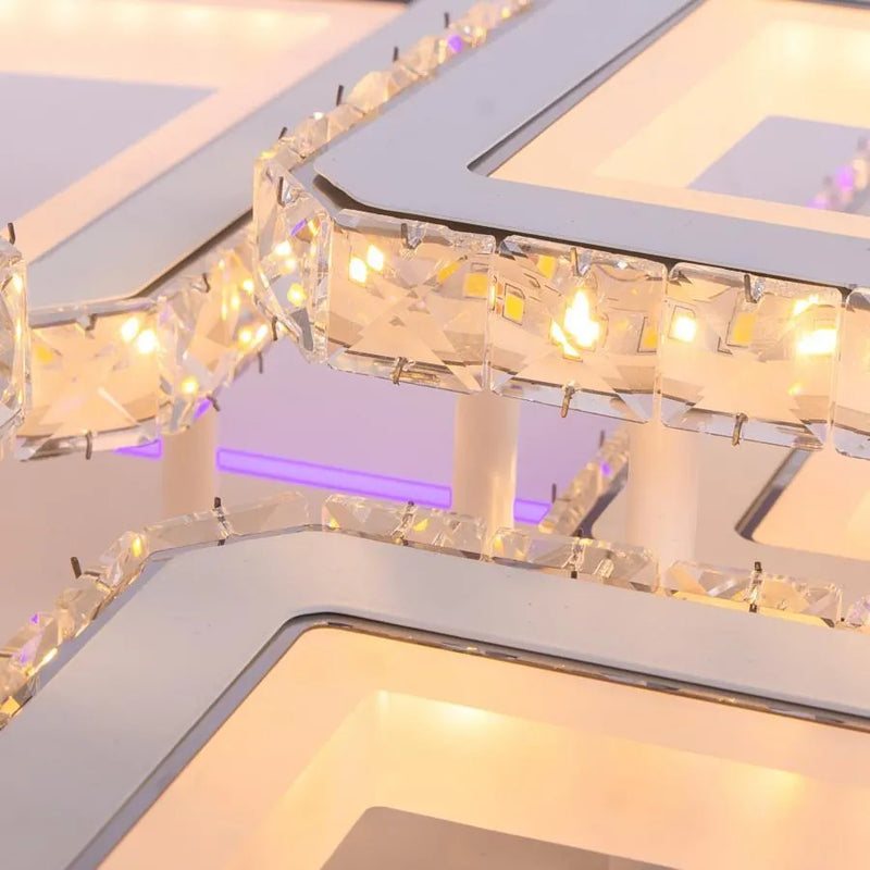 Lustra LED cu telecomanda si cristal QUADRIS RGB 170W, 6 Patrate, Lumina Rece/Calda/Neutra, Dimabila, Alb