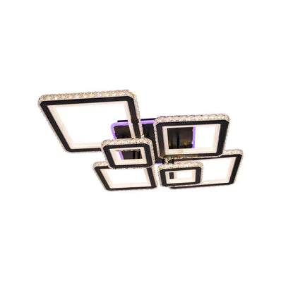 Lustra LED cu telecomanda si cristal QUADRIS RGB 177W, 6 Patrate, lumina Rece/Calda/Neutra 3000K/4000K/6000K, Dimabila, Negru, Metal si Cristal