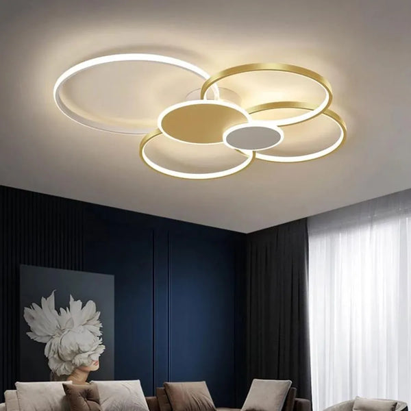 Lustra LED cu telecomanda KILLIAN 200W, 6 Cercuri, lumina Rece/Calda/Neutra, Dimabila, Auriu Alb