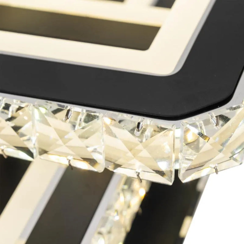 Lustra LED cu telecomanda si cristal LEILA 154W, 3 Patrate, lumina Rece/Calda/Neutra, Dimabila, Negru Crom Lucios