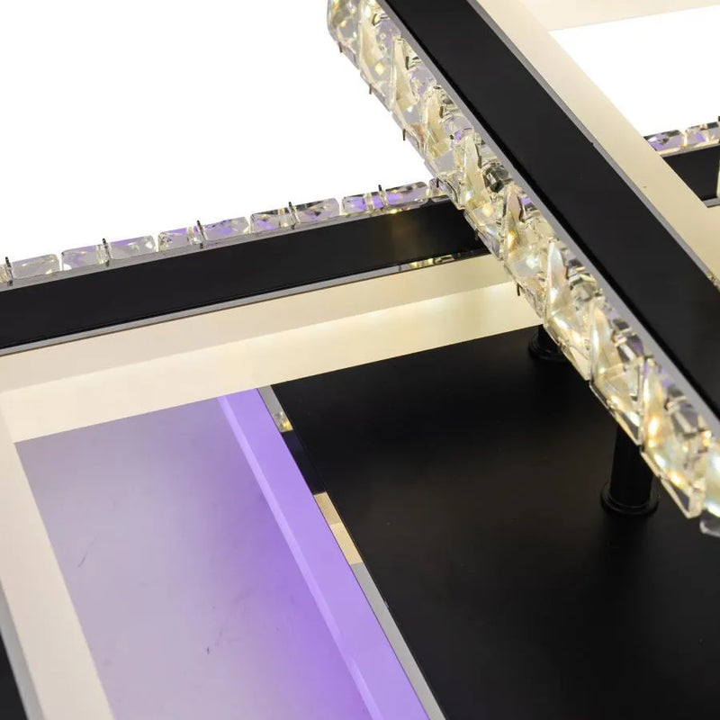 Lustra LED cu telecomanda si cristal LEILA 154W, 3 Patrate, lumina Rece/Calda/Neutra, Dimabila, Negru Crom Lucios