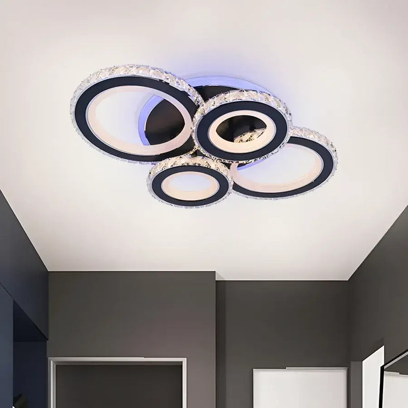 Lustra LED NOVA Rotonda cu Cristale, 4 Surse de Lumina, RGB, cu Telecomanda, 68W, Negru & Inox