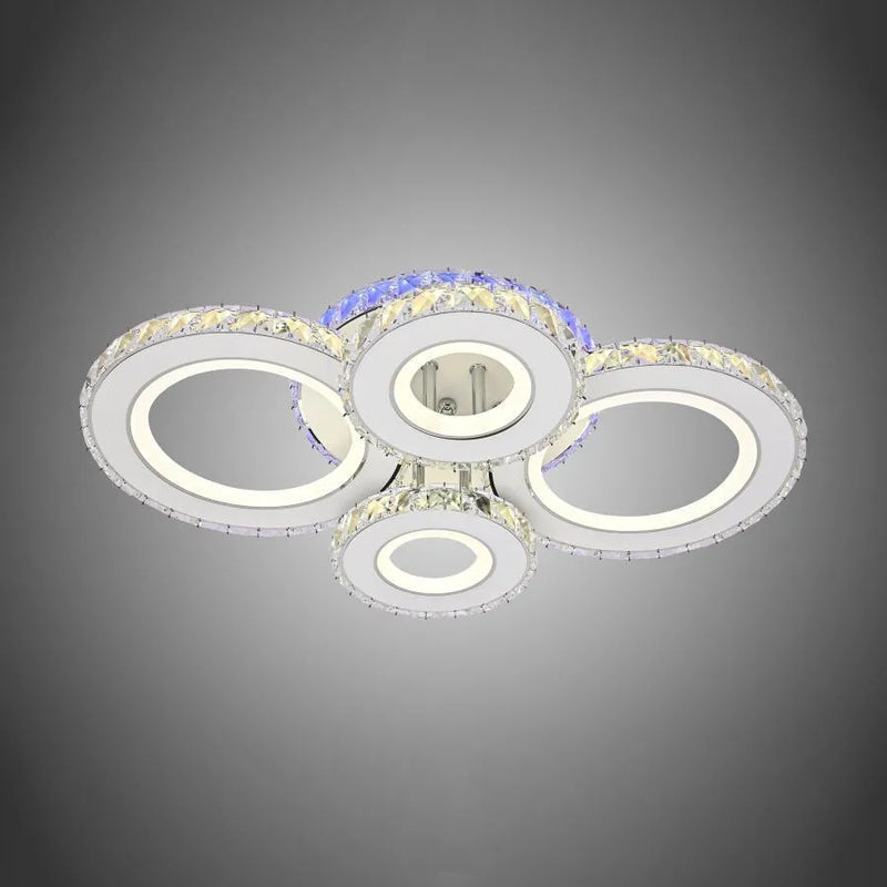 Lustra LED cu telecomanda si cristal ZAFINA RGB 136W, 6 Cercuri, lumina Rece/Calda/Neutra, Dimabila, Alb