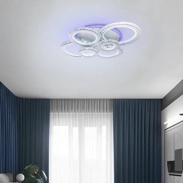 Lustra LED cu telecomanda si cristal NOVA ROTONDA RGB 154W, 6 Cercuri, lumina Rece/Calda/Neutra, Dimabila, Alb