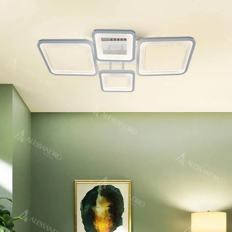 Lustra LED cu Telecomanda, ELLA, 4 Patrate, 88W, Lumina Rece/Calda/Neutra, Dimabila, Alb