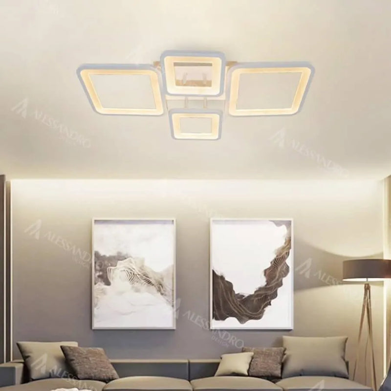 Lustra LED cu Telecomanda, ELLA, 4 Patrate, 88W, Lumina Rece/Calda/Neutra, Dimabila, Alb