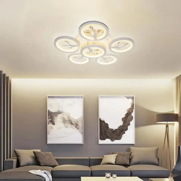 Lustra LED cu telecomanda si cristal DAISY 72W, 6 Elemente, lumina Rece/Calda/Neutra, Dimabila, Alb