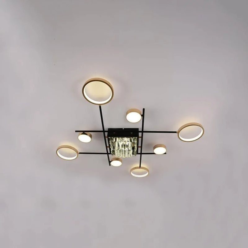 Lustra LED cu telecomanda si cristal MISEL 168W, 9 Elemente, lumina Rece/Calda/Neutra, Dimabila, Negru Auriu