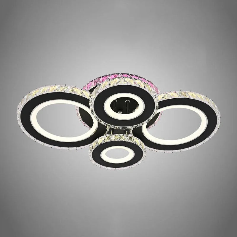 Lustra LED cu telecomanda si cristal ZAFINA RGB 136W, 4 Cercuri, lumina Rece/Calda/Neutra, Dimabila, Negru