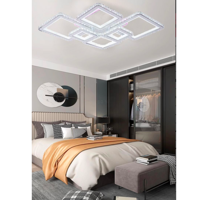 Lustra LED cu telecomanda si cristal QUADRIS RGB 170W, 6 Patrate, Lumina Rece/Calda/Neutra, Dimabila, Alb