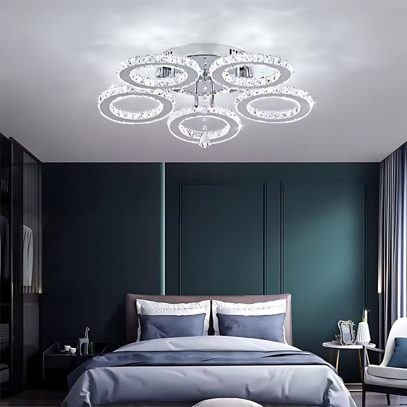Lustra LED cu telecomanda si cristal ALANUBIS 61W, 5 Cercuri, lumina Rece/Calda/Neutra, Dimabila, Crom Lucios
