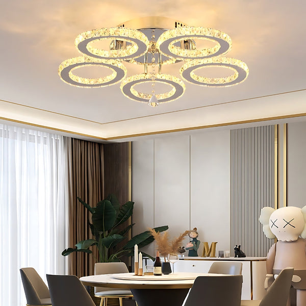 Lustra LED cu telecomanda si cristal ALANUBIS 61W, 5 Cercuri, lumina Rece/Calda/Neutra, Dimabila, Crom Lucios