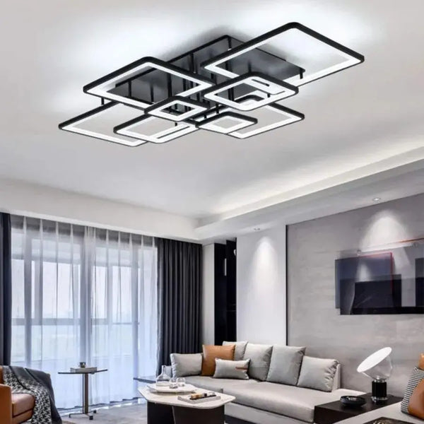 Lustra LED cu Telecomanda, ELLA, 8 Patrate, 203W, Lumina Rece/Calda/Neutra, Dimabila, Negru
