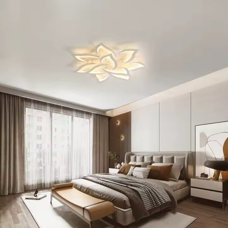 Lustra LED cu telecomanda LOTUS 91W, 9 Petale, lumina Rece/Calda/Neutra, Dimabila, Alb