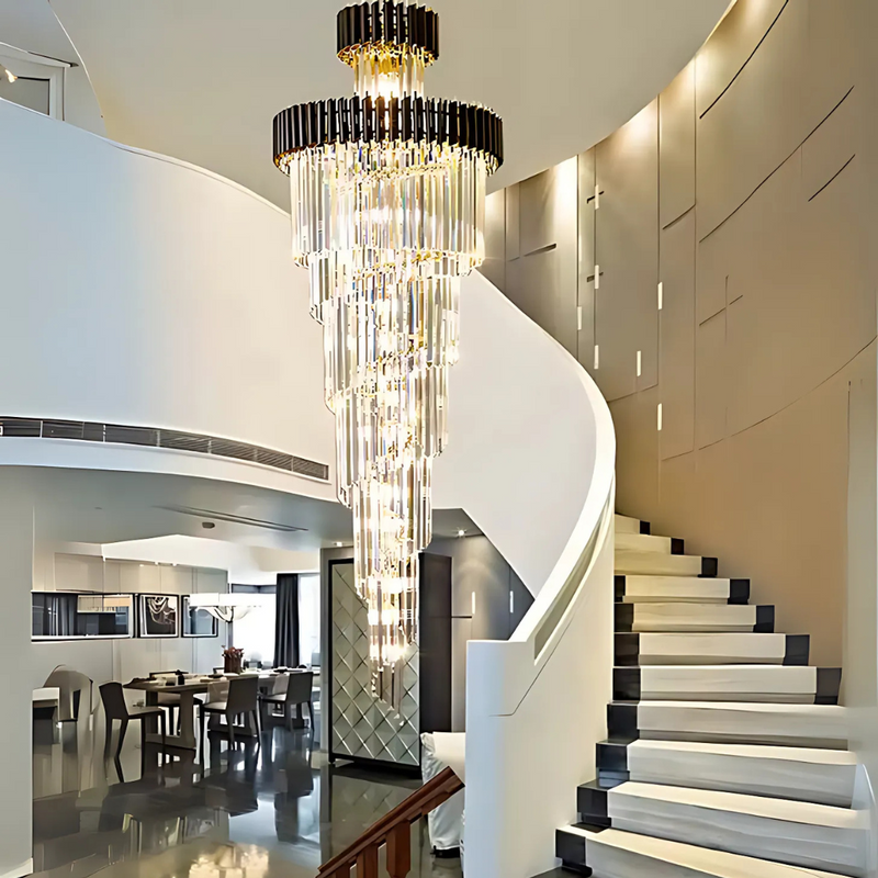 Candelabru Cristal VERSAILLES Ascendere 27xE14, Diametru 60cm, Auriu Lucios si Negru, Inaltime Reglabila