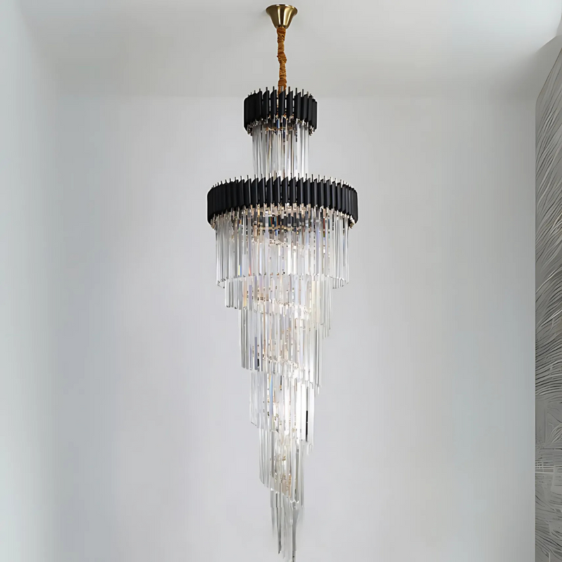 Candelabru Cristal VERSAILLES Ascendere 27xE14, Diametru 60cm, Auriu Lucios si Negru, Inaltime Reglabila